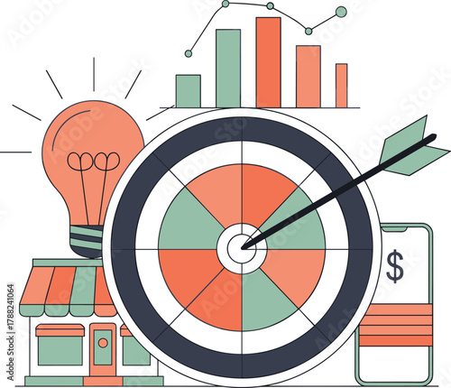 Business strategy concept, goal achievement illustration, dartboard success icon, mobile commerce idea, financial planning, innovation, data analysis, marketing
