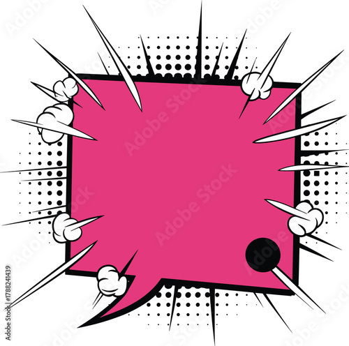 Comic speech bubble, impact design, pink dialog box, clenched fists art, halftone pattern, bold graphic, pop art style, dramatic element