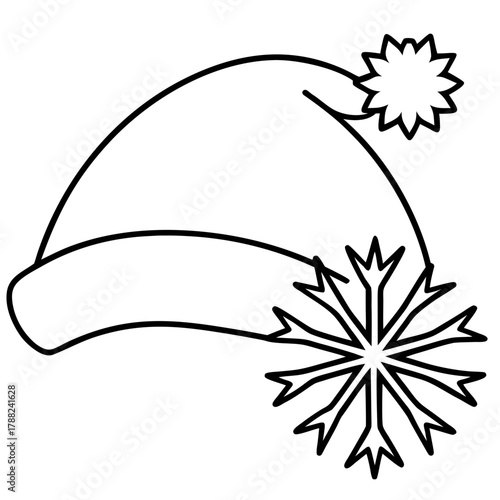 Christmas santa hat with snowflake and pom pom line art