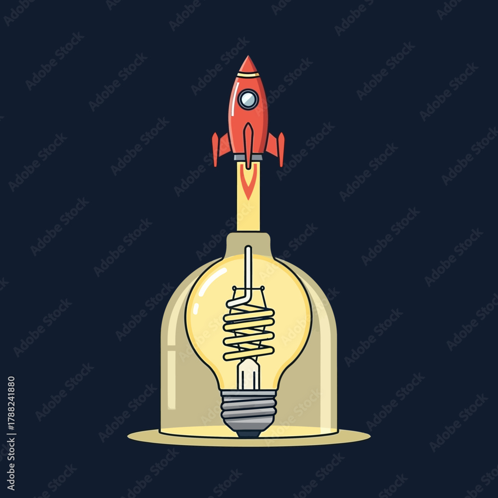 Obraz premium Innovative launch: Red rocket igniting from a light bulb, symbolising creative project startup
