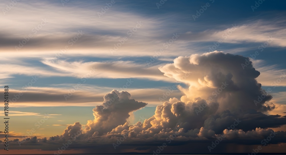 Fototapeta premium Dramatic Cumulonimbus Clouds Formed During Golden Hour Under a Vast, Colorful Sky