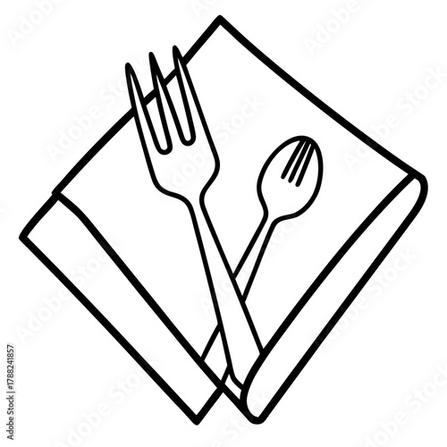 Simple line art drawing of fork and spoon on a napkin