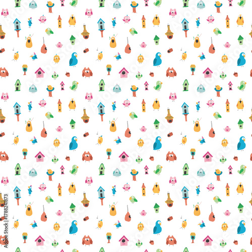 Cute birds and their birdhouses seamless pattern. Cute Cartoon birds background. Vector Illustration