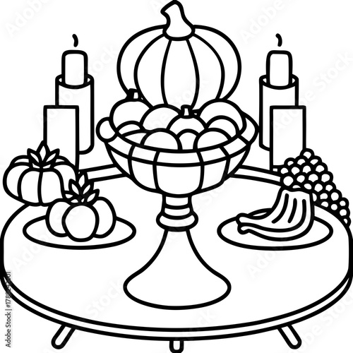 Line art thanksgiving harvest display with pumpkins and candles
