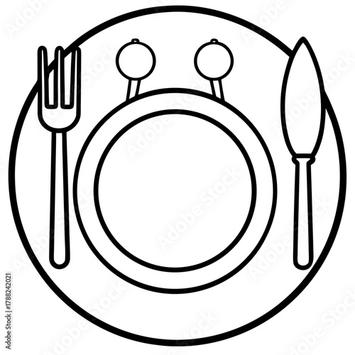 Simple line art drawing of a place setting with a clock