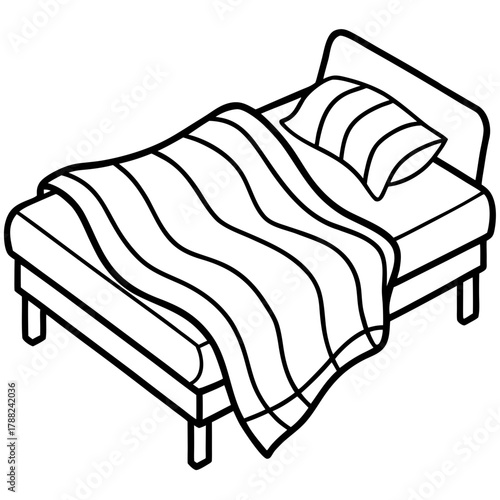 Simple line art drawing of a bed with blanket and pillow