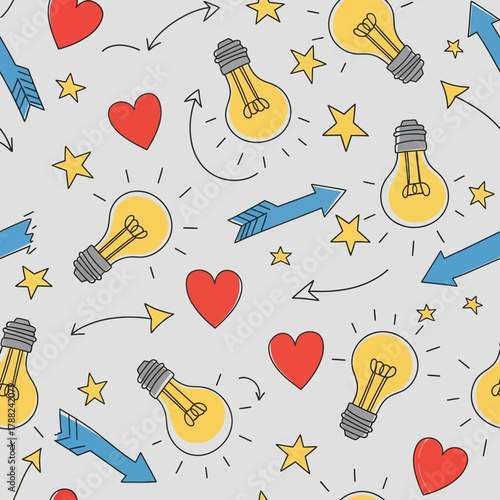 Illuminating Ideas and Creative Inspiration: A Seamless Pattern of Light Bulbs Hearts and Arrows