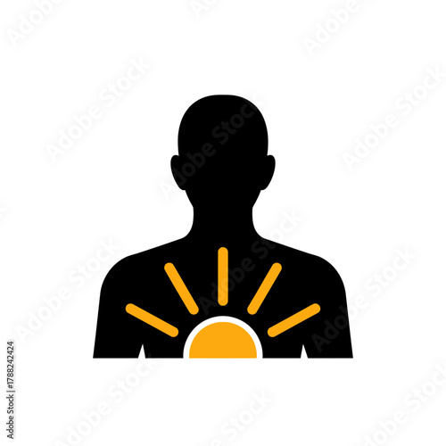 Human figure radiating energy, sunbeams emanating representing power and warmth