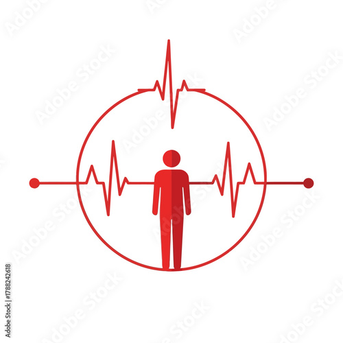Abstract health symbol featuring a figure encased in a heart rate rhythm circle