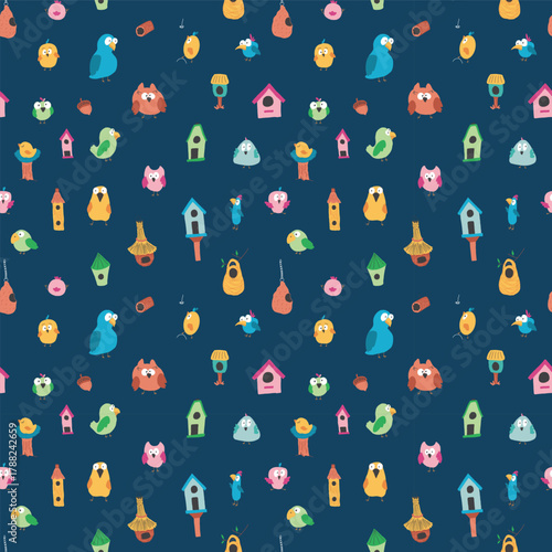 Cute birds and their birdhouses seamless pattern. Cute Cartoon birds background. Vector Illustration