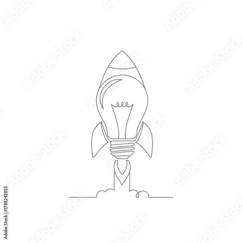 Innovative idea launch concept depicted in minimal line art combining lightbulb and rocket