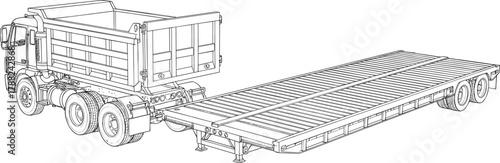 Dump truck, flatbed trailer, heavy vehicle, transport, construction, cargo, cad drawing flat vector illustration