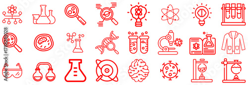 Collection of Red Science and Research Icons on White Background