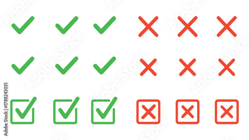 Green Checkmark and Red Cross Icon Set | Tick and Wrong Symbol Vector