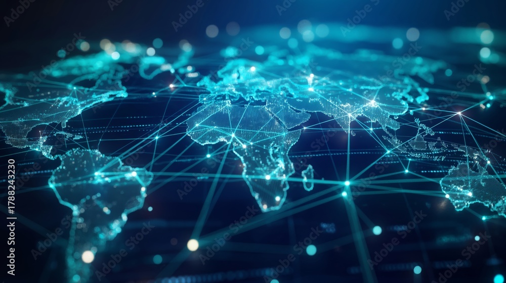 Fototapeta premium Global Digital Connectivity, Futuristic World Map with Data Points and Technological Interconnections