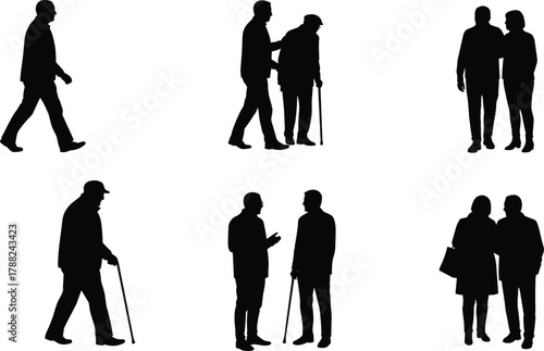 Elderly care, senior silhouette, social interaction, walking aid, companionship icon, cad drawing flat vector illustration