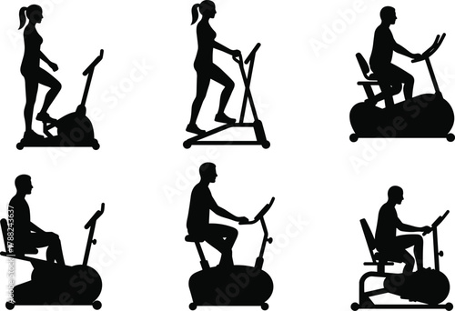 Exercise machine, cardio workout, gym silhouette, fitness gear, training pose, cad drawing flat vector illustration