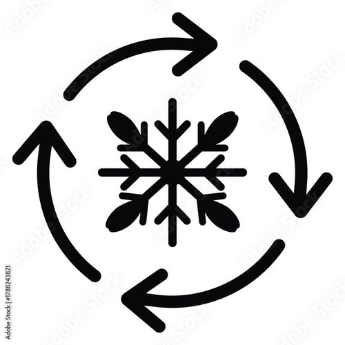 Black outline icon featuring a detailed snowflake centered within four rotating circular arrows. Represents cooling, recirculation, freezing cycle, or air conditioning system settings. Isolated vector
