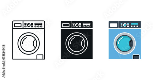 Set of three washer icons: outline, filled, and color variants