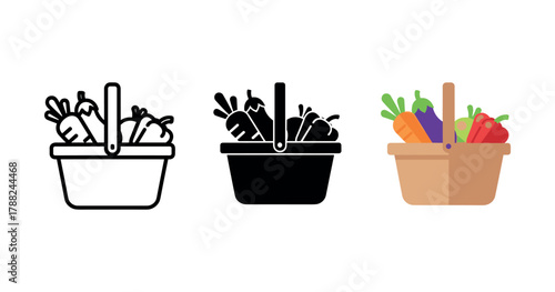 Three illustrated vegetable baskets: outline, silhouette, colorful design