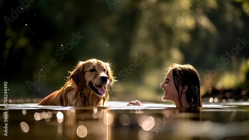 A woman and a dog playfully interact in a serene outdoor setting during what appears to be the golden hour, with the sun casting a warm, golden hue over the scene.
