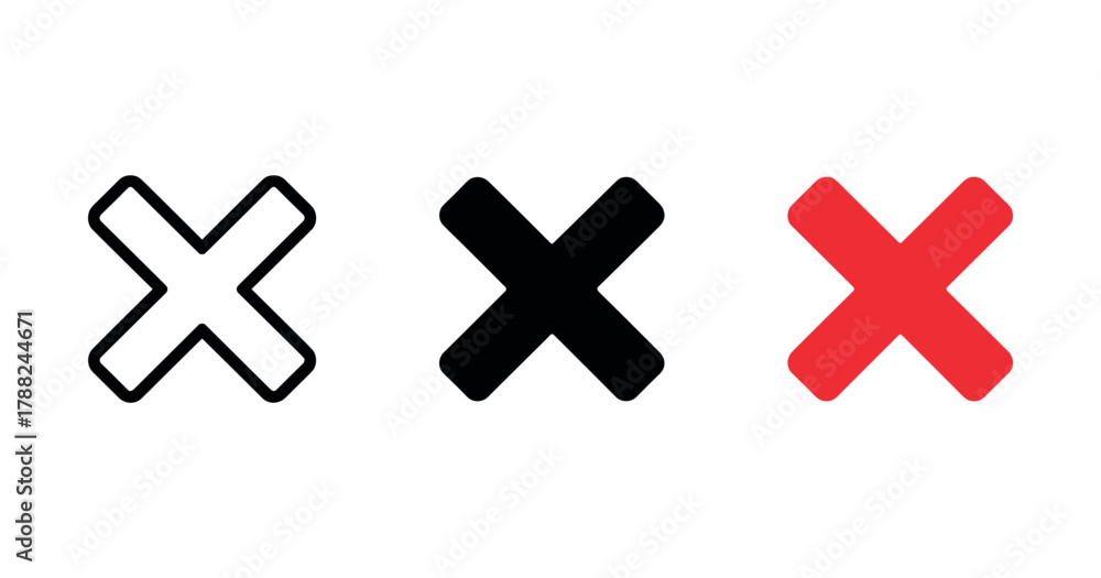 Fototapeta premium Set of three multicolored x mark symbols in white, black, and red