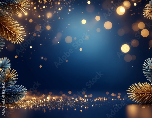 Niebiesko-złote tło z gałązkami świerku. Boże narodzenie, Sylwester