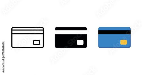 Set of three credit card icons in black and blue on white background