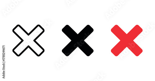 Set of three multicolored x mark symbols in white, black, and red