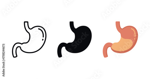 Stomach icons set: outline, solid, and colorful gastric illustrations