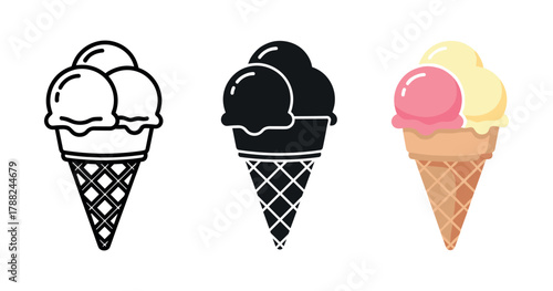 Colorful and monochrome ice cream cones: three unique styles