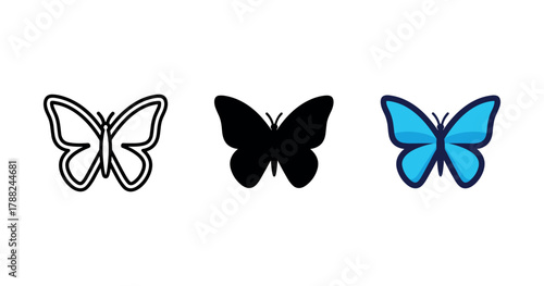 Three butterfly icons: outline, silhouette, colorful blue butterfly design