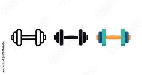 Three colorful dumbbells icons on white background: fitness equipment illustration