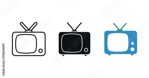 Minimalist retro tv icons set: black, white, blue designs with antennas
