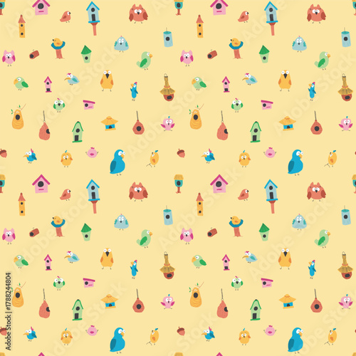 Cute birds and their birdhouses seamless pattern. Cute Cartoon birds background. Vector Illustration