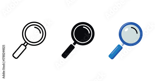 Magnifying glass icons: black outline, solid black, blue handle versions