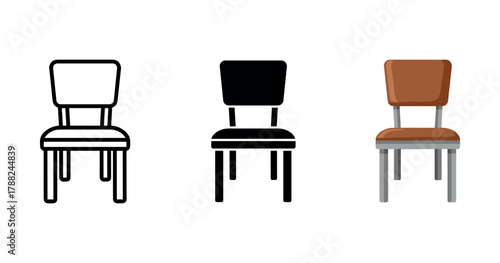 Three chairs: outline, silhouette, and realistic brown leather design