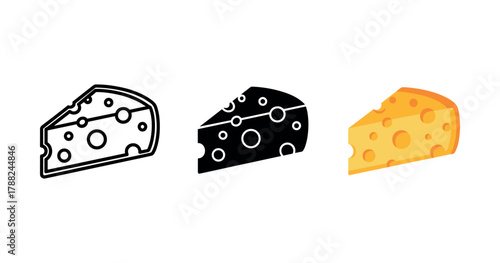 Set of cheese icons: black, white, and colorful cartoon cheese wedges