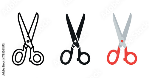 Set of three scissor icons in outline, solid, and colored designs