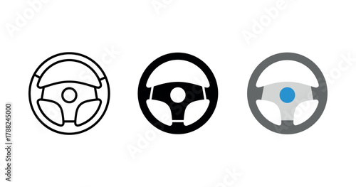 Set of three steering wheel icons in different styles and colors
