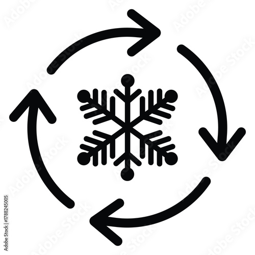Black outline icon featuring a detailed snowflake centered within four rotating circular arrows. Represents cooling, recirculation, freezing cycle, or air conditioning system settings. Isolated vector