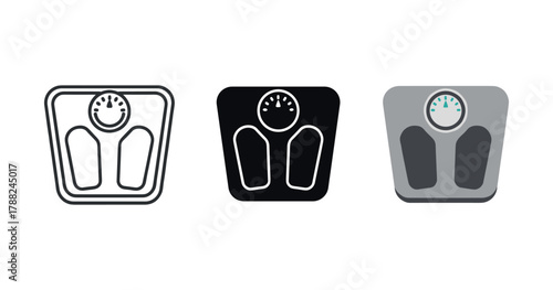 Set of three bathroom scales icons with different styles and color schemes