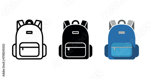 Three backpack designs: outline, silhouette, and blue color variant