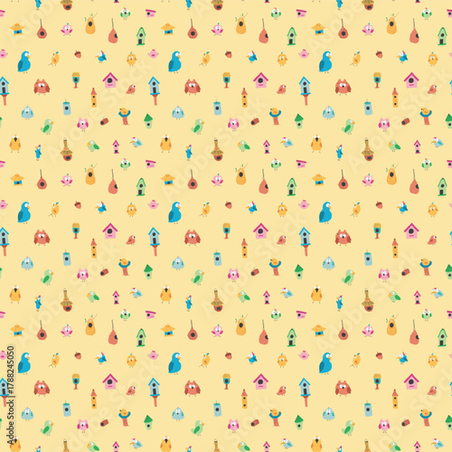 Cute birds and their birdhouses seamless pattern. Cute Cartoon birds background. Vector Illustration