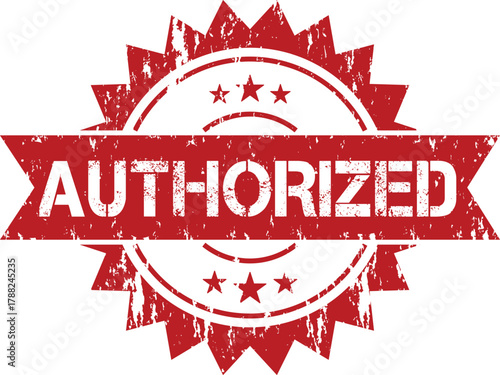A red authorized stamp with a starburst design and the word authorized in white letters on white background