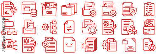 Red Line Icons Representing Document Management and Data Processing