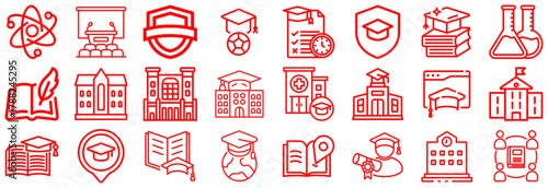 Red Line Icons Representing Education, Science, and Learning