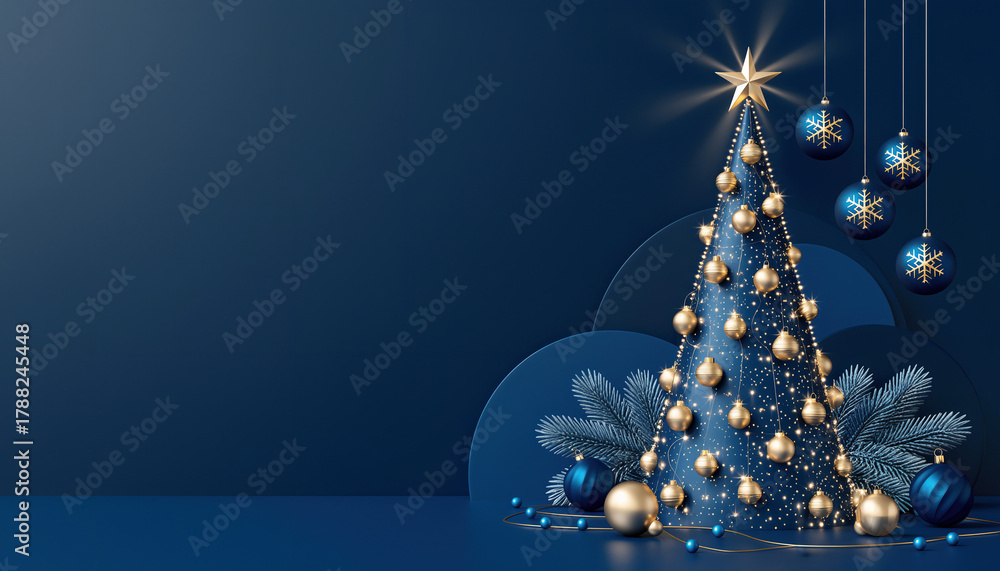 Naklejka premium Bożonarodzeniowe, niebiesko-złote tło z choinką i bombkami oraz miejscem na tekst