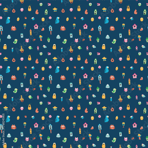 Cute birds and their birdhouses seamless pattern. Cute Cartoon birds background. Vector Illustration