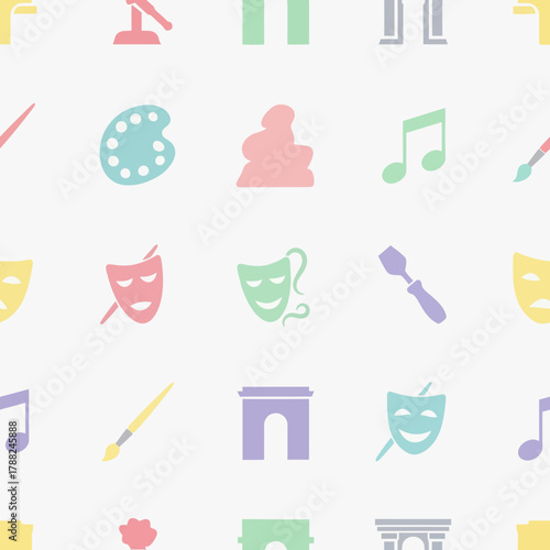 Cultural arts and creative pursuits themed icons creating a colorful patterned backdrop